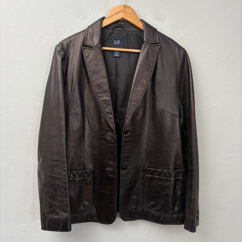Gap Genuine Leather Jacket Women Size Large Black Metallic Sheen Y2K